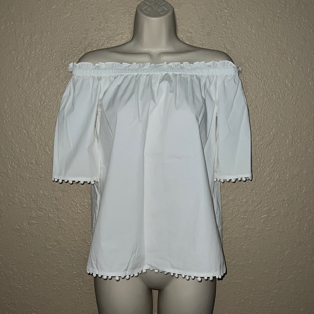 NWOT Sz XS Trina Turk White Off Shoulder Blouse w/Pom Detail